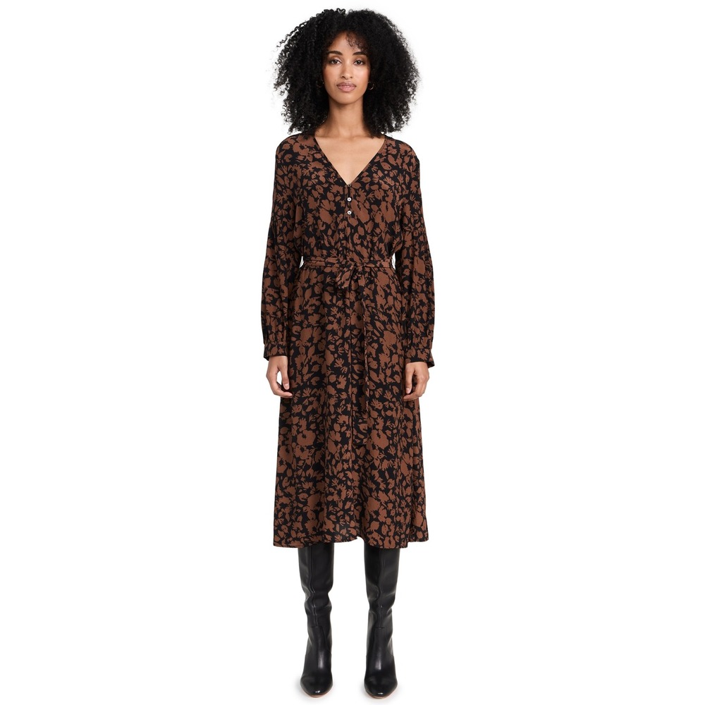 RAILS Fabian Long Sleeve Midi Dress Multi Floral Brown Black Small NWOT